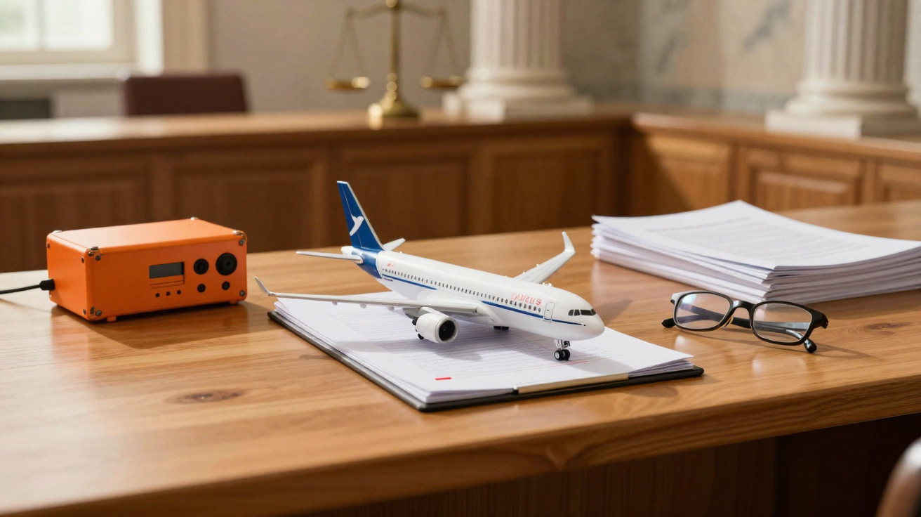 Mesa de madeira com modelo de avião, óculos, pilha de documentos e aparelho laranja em escritório formal.