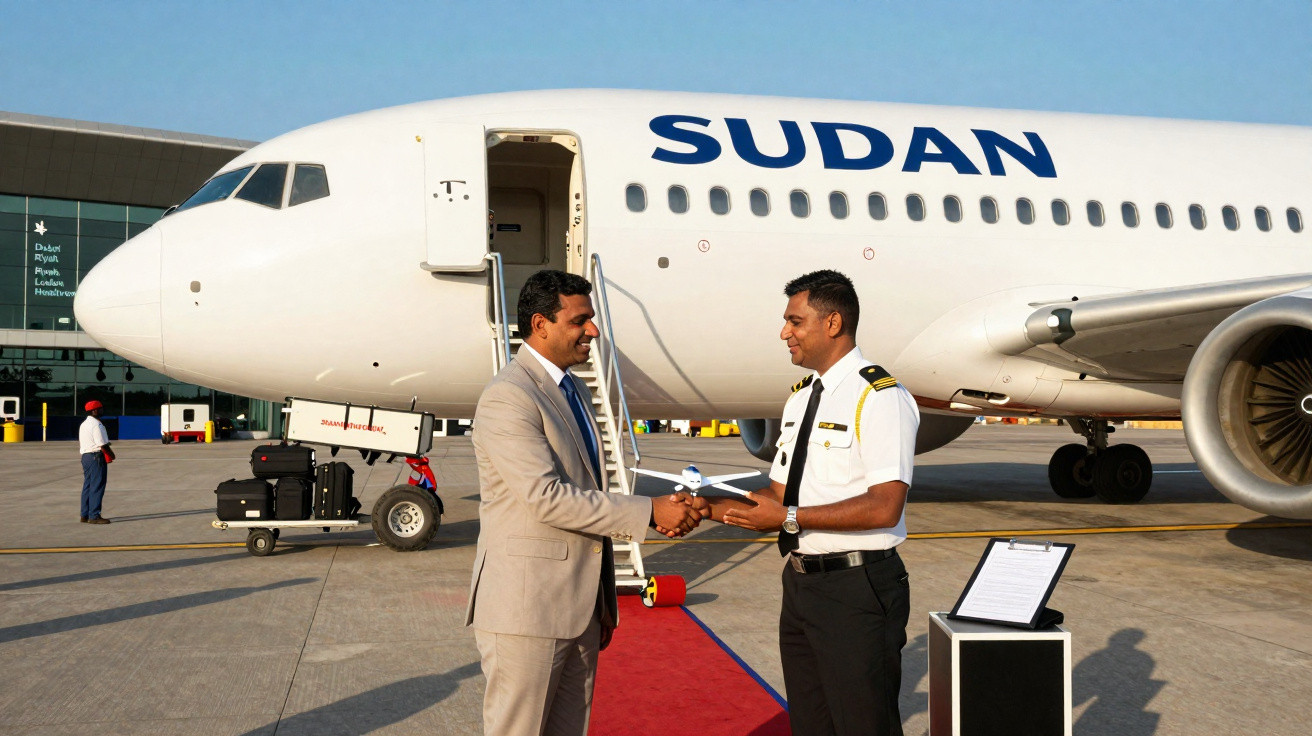 Dois homens, um executivo e um piloto, apertam as mãos diante de avião da Sudan no aeroporto.