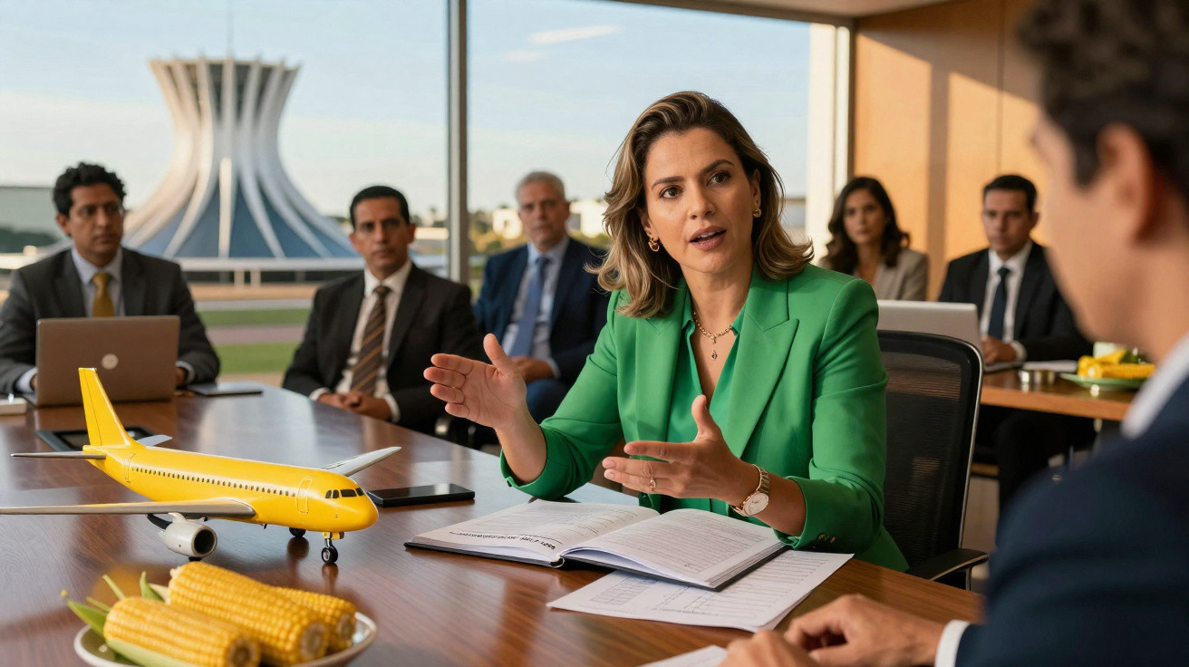 Mulher em reunião de negócios explicando com modelo de avião amarelo e espigas de milho na mesa.