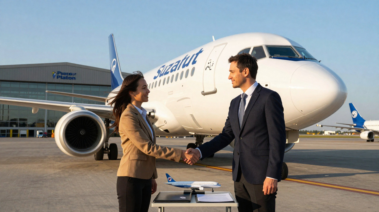 Homem e mulher de terno apertando as mãos em frente a um avião da Suzair no aeroporto ao pôr do sol.