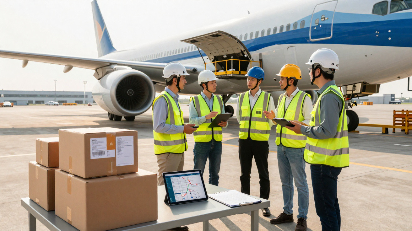 Equipe de trabalhadores com capacetes discutindo logística ao lado de avião e caixas no aeroporto.