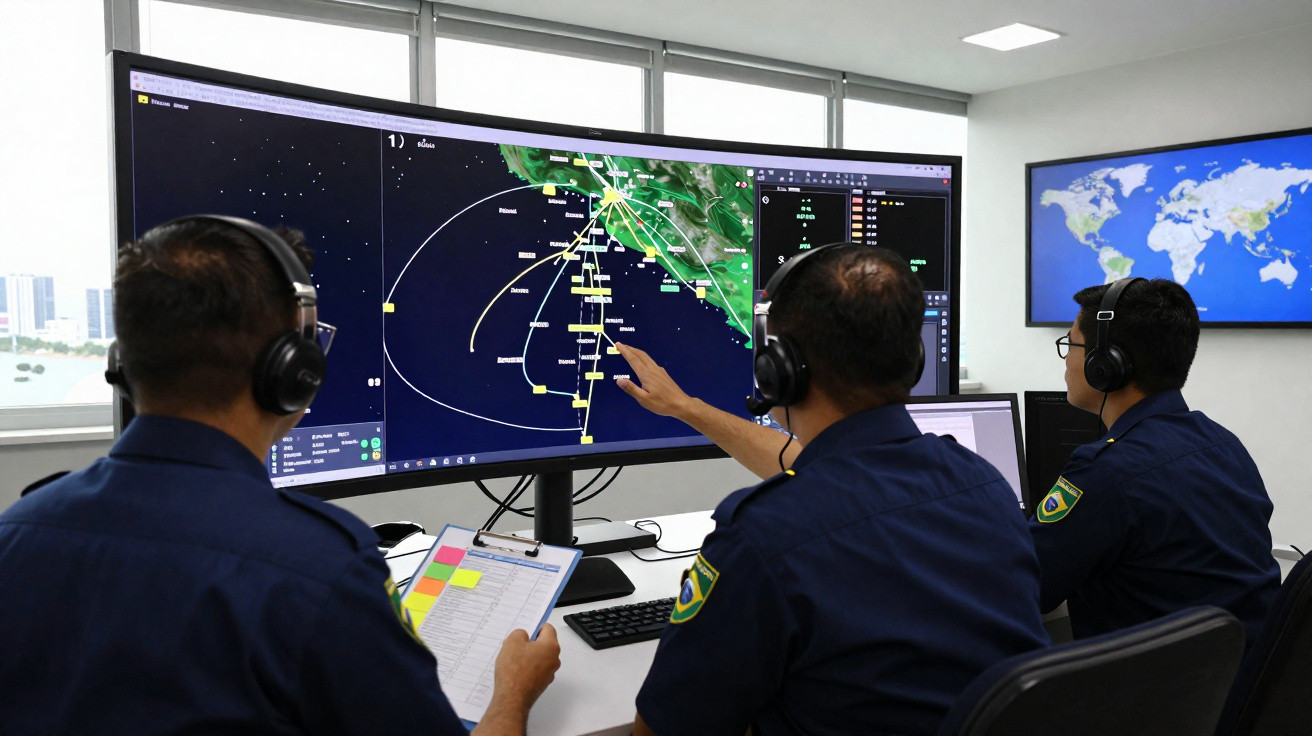 Três militares brasileiros monitoram voo em tela grande com mapas e coordenadas na sala de controle.