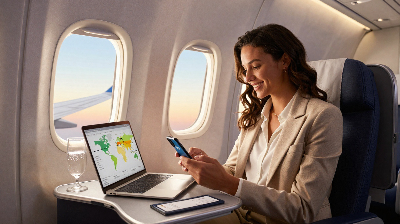 Mulher sentada em avião usando celular com laptop aberto e copo d'água na mesa ao lado da janela.