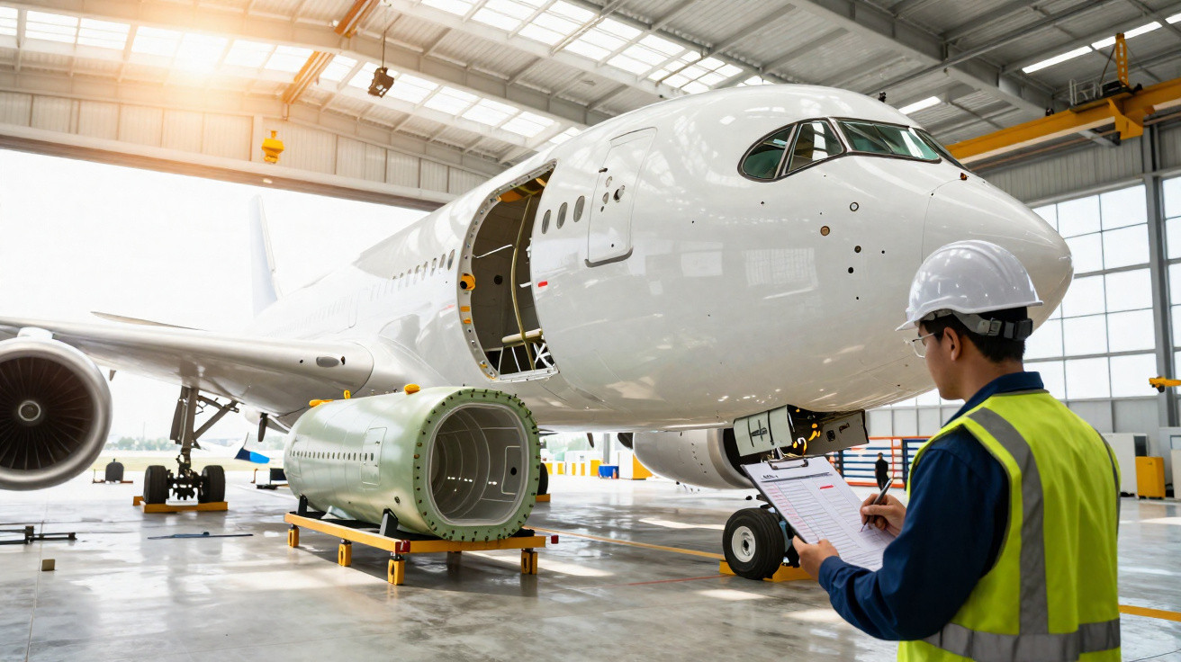 Técnico com capacete e colete de segurança inspeciona avião branco em hangar durante manutenção.