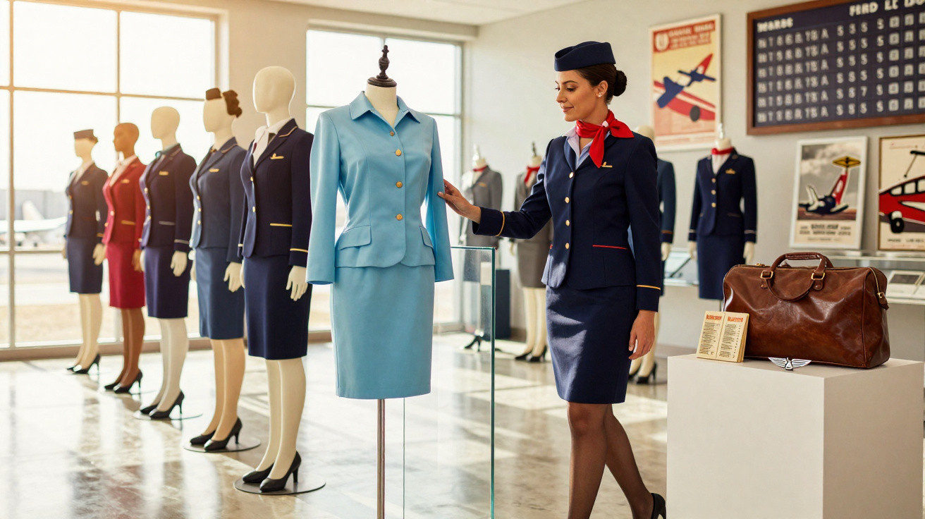 Mulher em uniforme de aeromoça olhando manequins com diferentes uniformes de comissária de bordo em exposição.