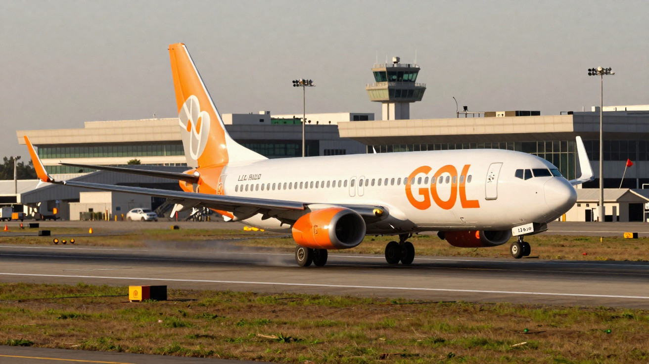 Avião da Gol aterrissando em pista com terminal e torre de controle ao fundo.