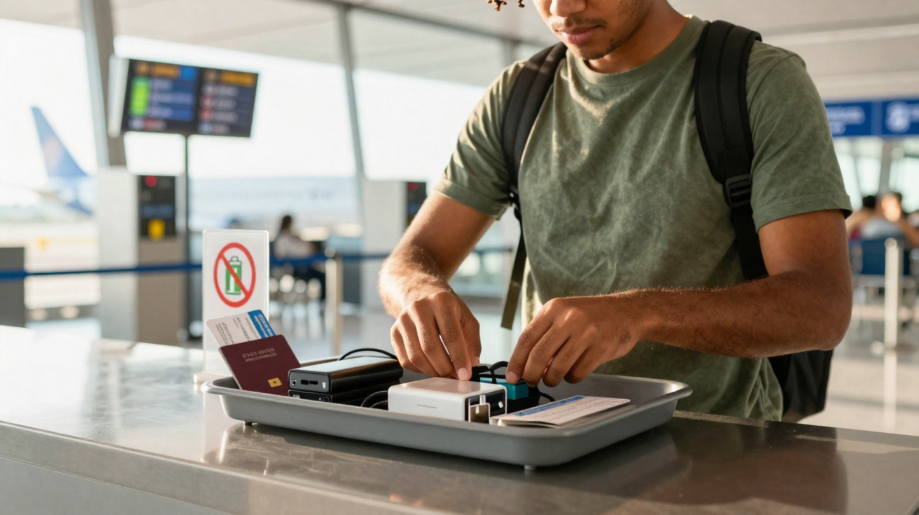 Homem organizando eletrônicos e passaporte em bandeja no controle de segurança do aeroporto.