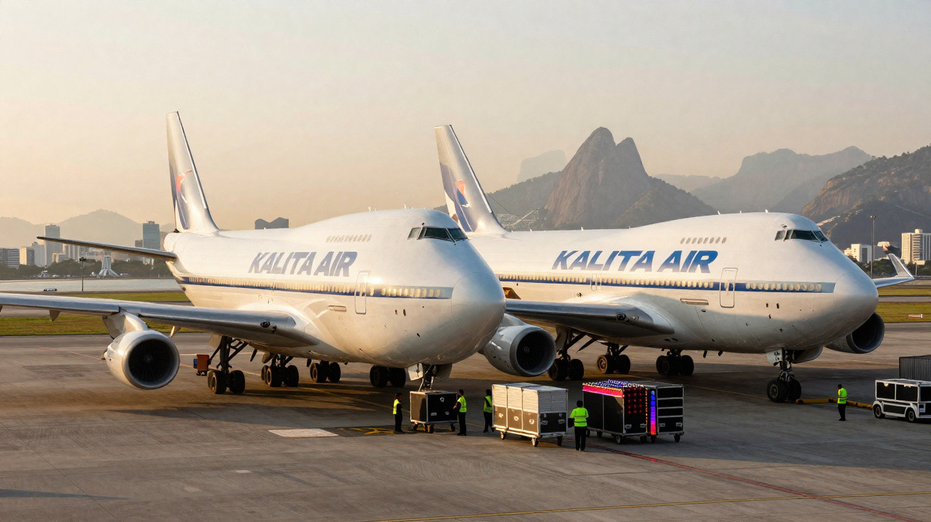 Dois aviões Kalita Air estacionados no aeroporto com montanhas ao fundo ao entardecer.