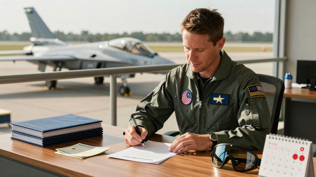 Piloto militar em uniforme assina documento em mesa com avião estacionado ao fundo.