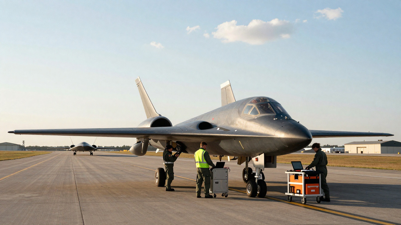 Avião stealth B-1 B Lancer na pista com três técnicos confirmando equipamentos ao redor.