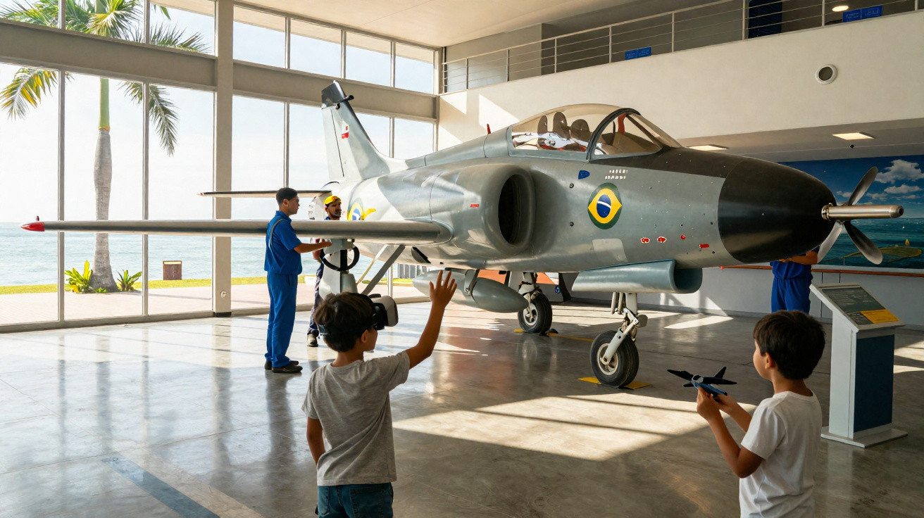 Avião militar exibido em museu com crianças e adultos observando e interagindo ao redor.