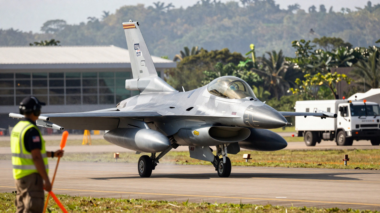 Caça F-16 estacionado em pista com operador de solo sinalizando ao fundo durante o dia.