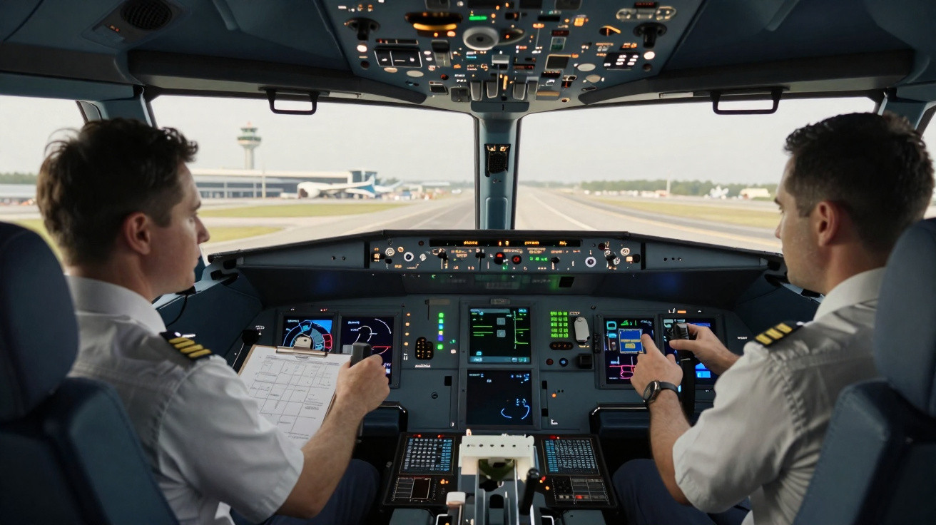 Dois pilotos em uniforme operando os controles dentro da cabine de avião durante preparação para voo.