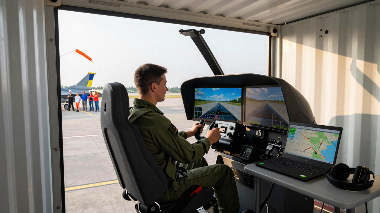 Homem em uniforme militar operando simulador de voo em contêiner com telas e notebook.