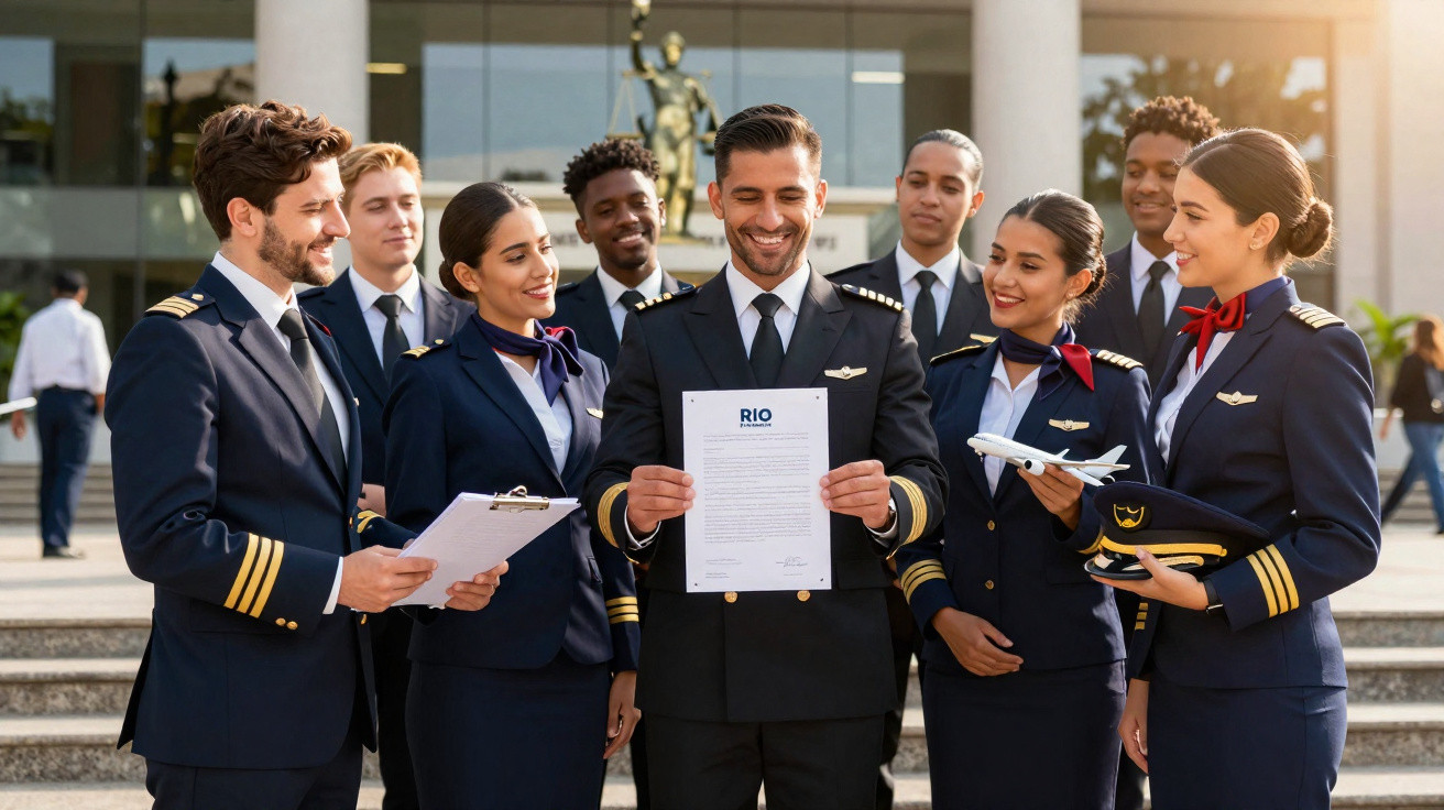 Grupo diversificado de pilotos e comissários celebrando com documentos e miniatura de avião em frente a prédio institucional.