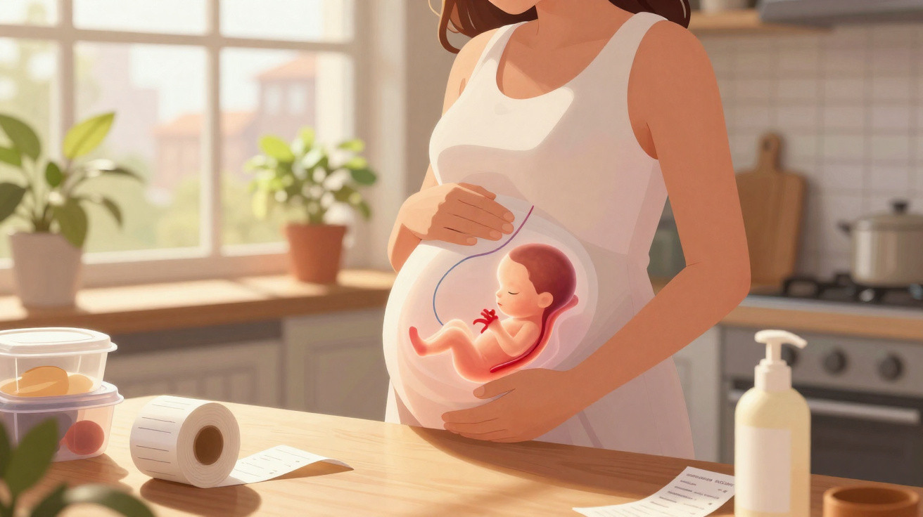 Mulher grávida em pé na cozinha, com ilustração do feto visível dentro da barriga.