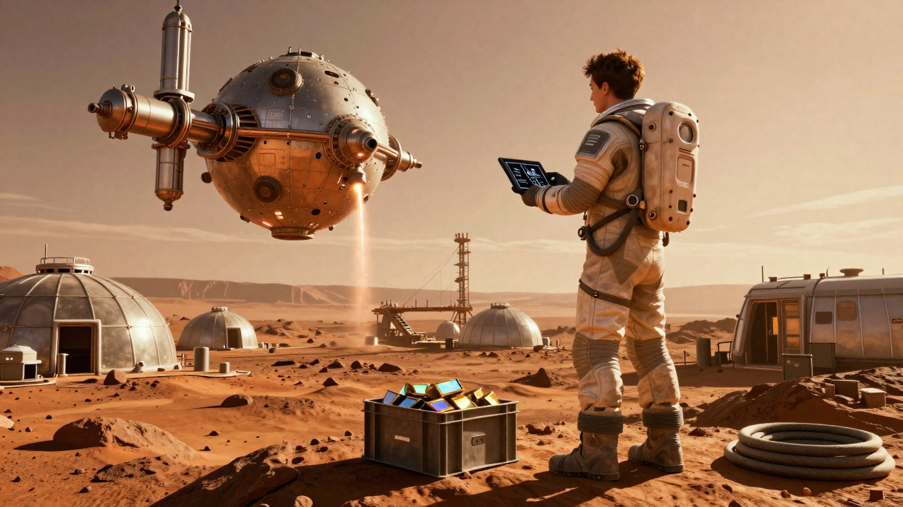 Astronauta controla robô voador em base futurista no deserto marciano ao pôr do sol.