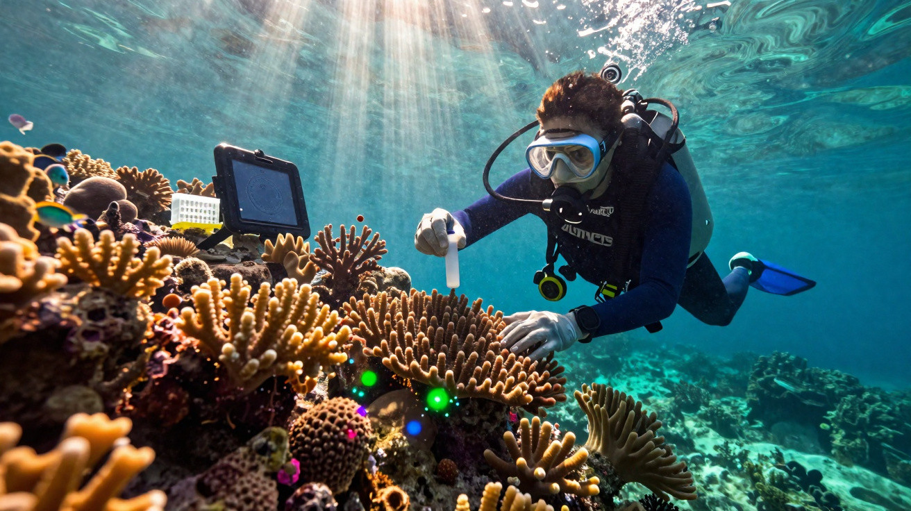 Mergulhador coletando amostra em coral durante pesquisa subaquática em ambiente marinho ensolarado.