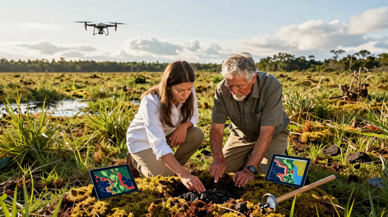 Dois pesquisadores analisam solo em campo aberto com tablet e drone sobre vegetação rasteira.