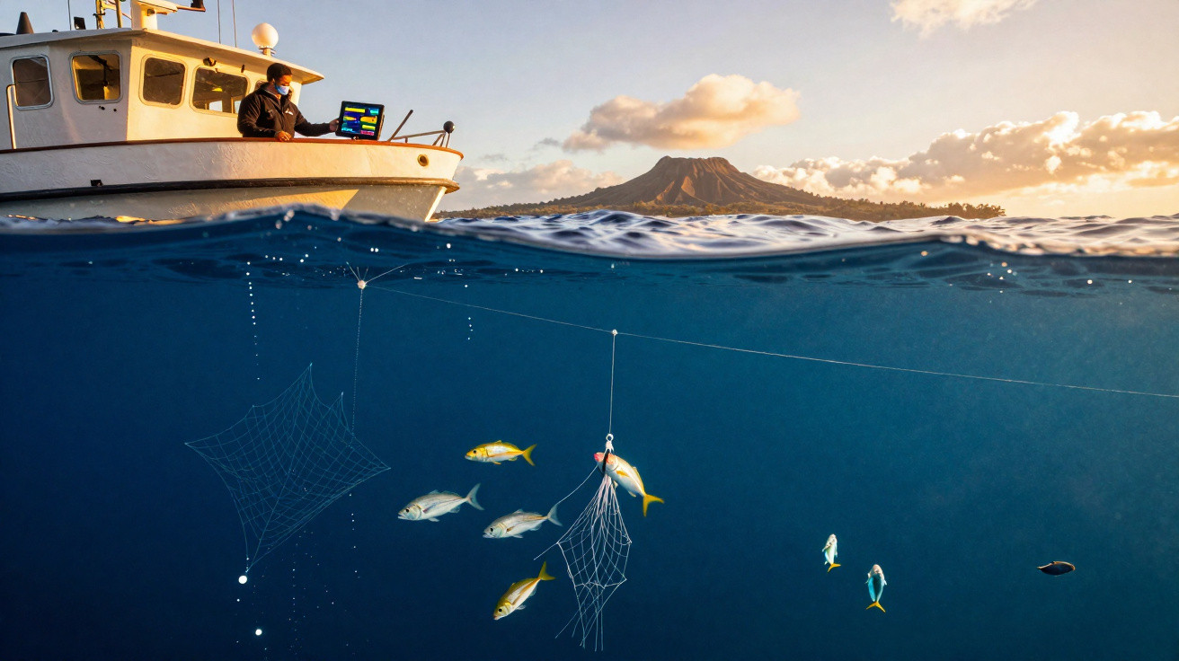 Barco à superfície com homem usando máscara monitorando peixes e redes de pesca em águas claras perto de ilhota ao fundo.