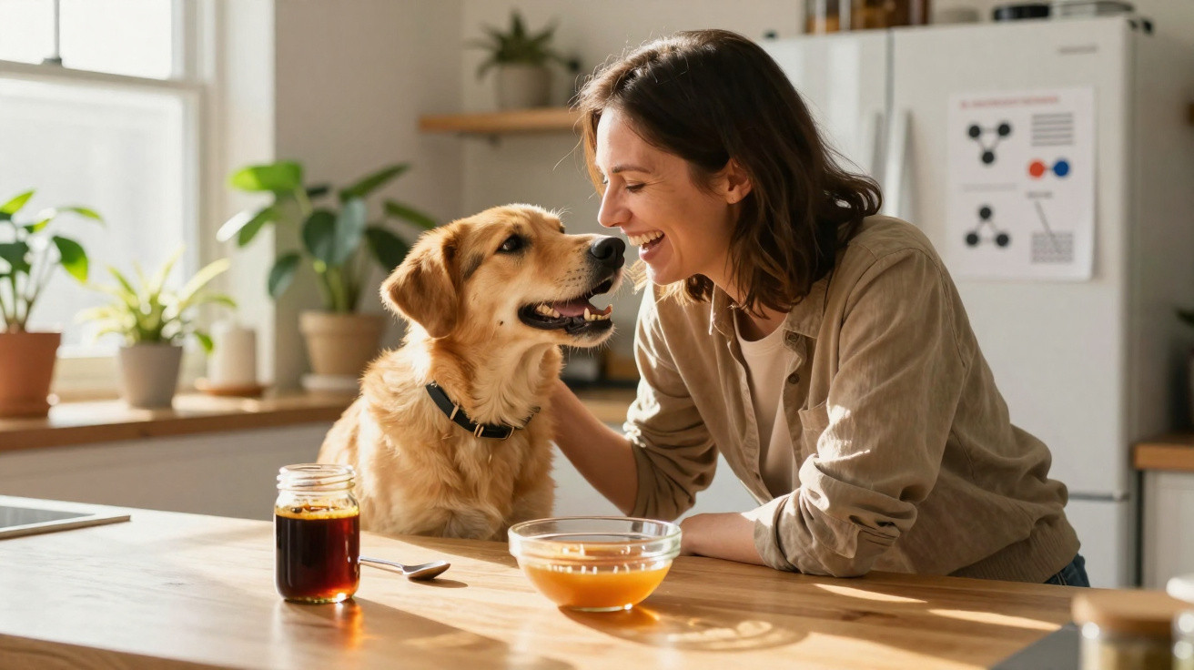 Mulher sorridente com cachorro na cozinha, ambiente iluminado e plantas ao fundo.
