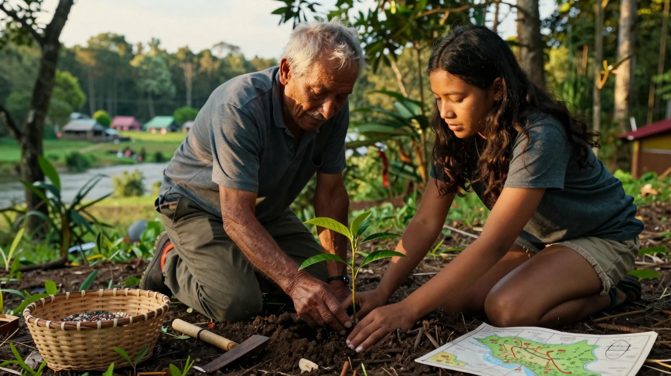 Homem idoso e menina plantam muda juntos ao ar livre, com cesta e mapa ao lado.