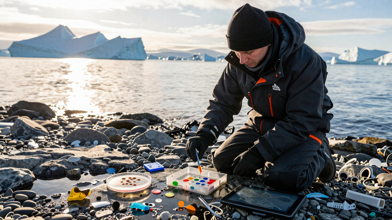 Pesquisador coleta amostras em praia rochosa com icebergs ao fundo, usando roupa térmica e equipamentos científicos.