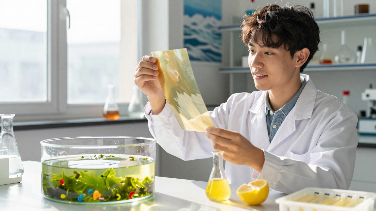 Pesquisador em laboratório examinando uma folha transparente com planta e limão na mesa.