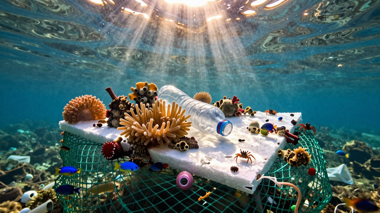 Plástico e lixo submersos com pequenos peixes e corais em um ambiente marinho iluminado pelo sol.