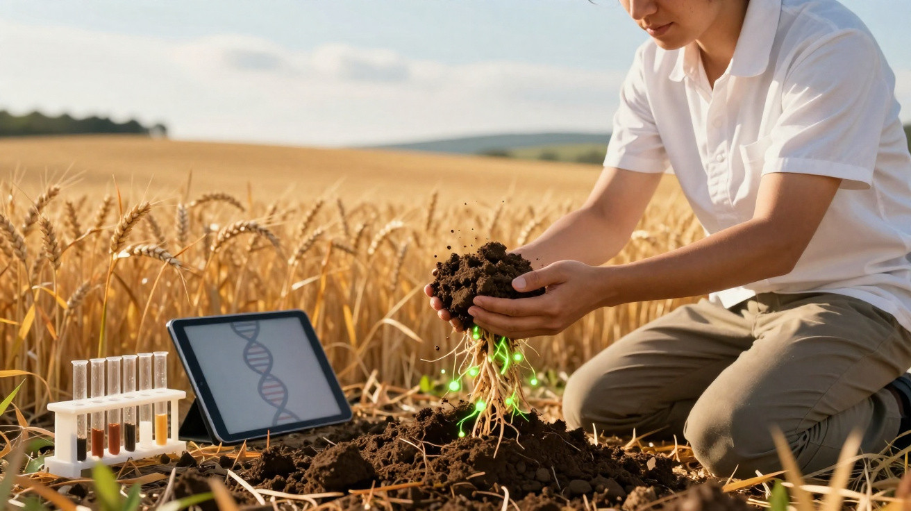 Pessoa analisando raízes de planta com solo e equipamentos científicos em campo de trigo ao pôr do sol.