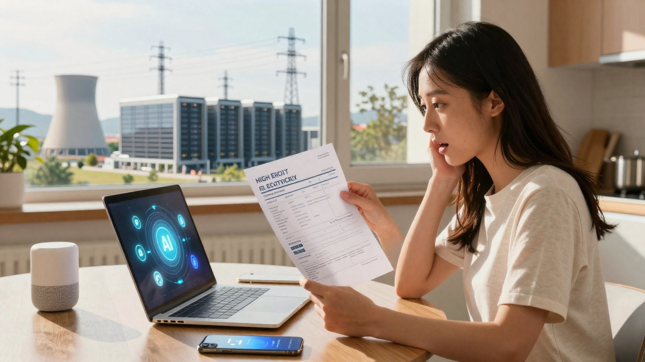 Mulher analisando conta de eletricidade sentada à mesa com laptop, celular e janela mostrando usina ao fundo.