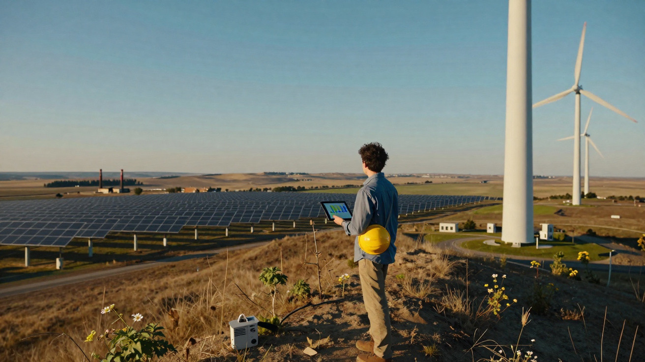 Homem com capacete e tablet observa painéis solares e turbinas eólicas em área rural ensolarada.