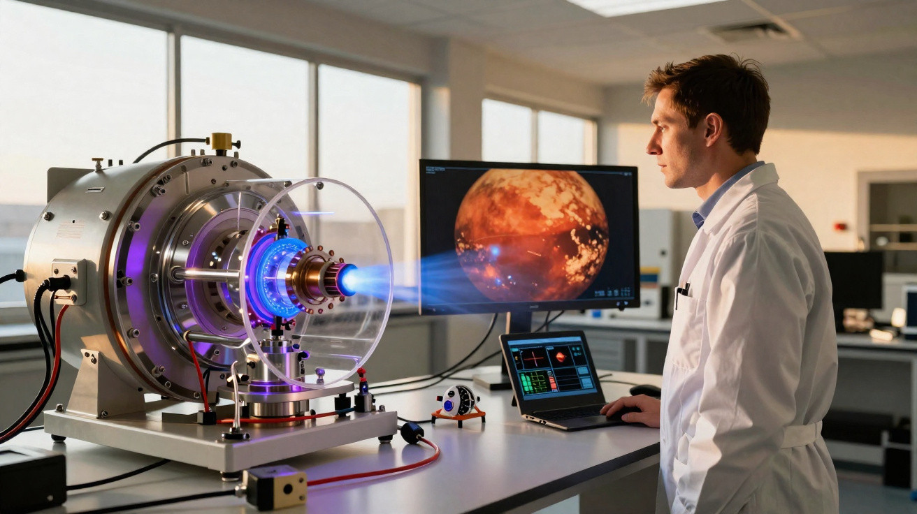 Cientista em laboratório analisando equipamento com plasma azul e imagem de planeta na tela do computador.