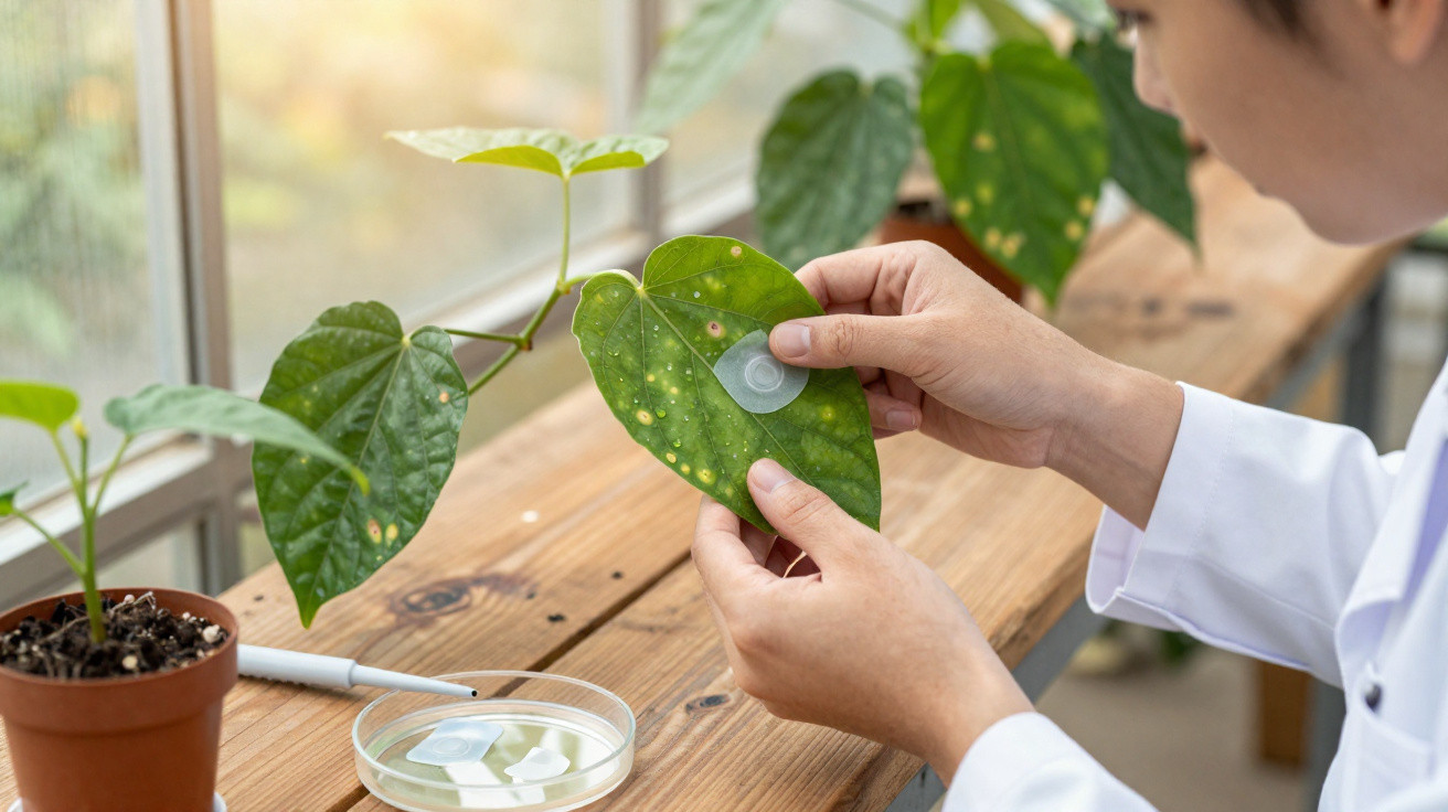 Pesquisador analisando manchas em folha de planta em laboratório com ferramentas científicas.