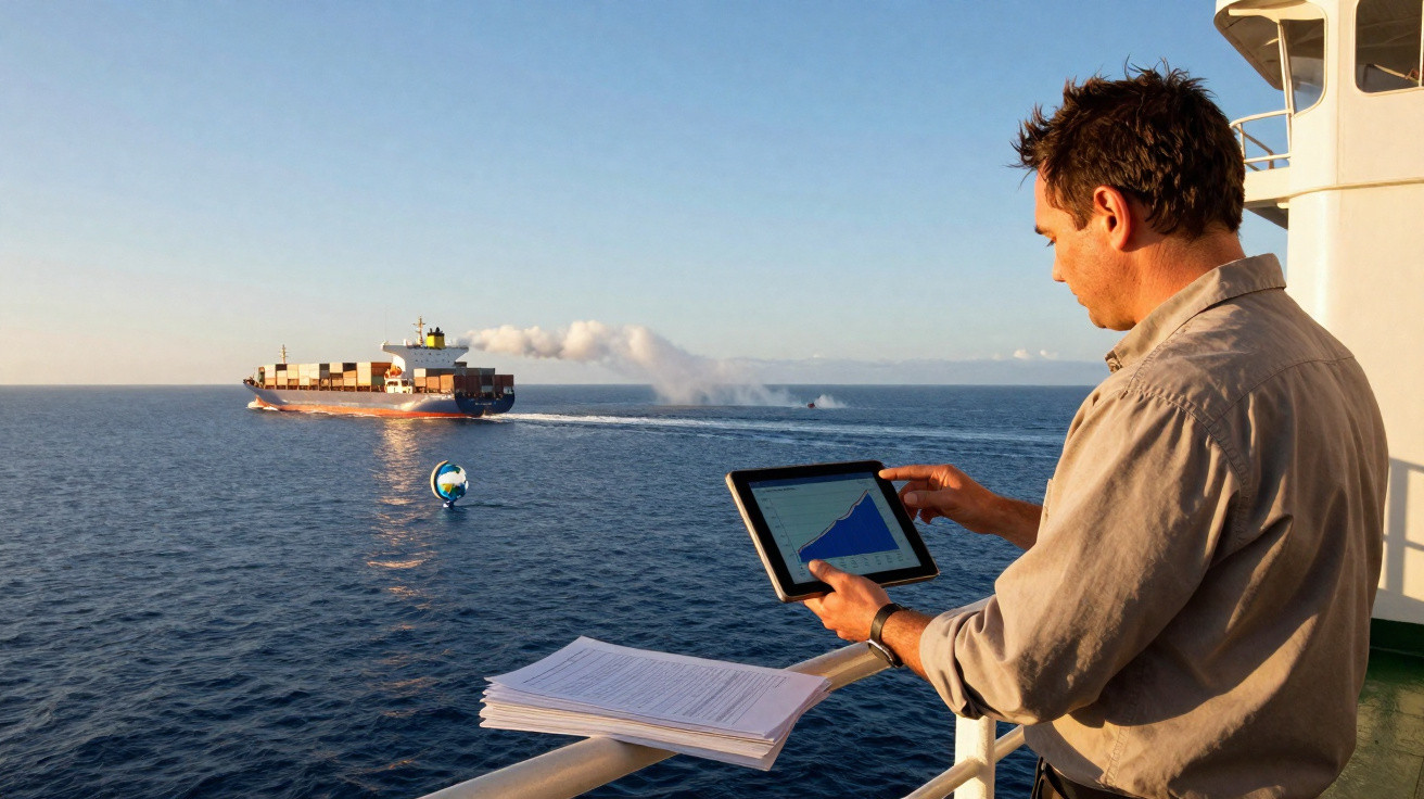 Homem com tablet na mão observa gráficos enquanto está no convés de navio com contêineres ao fundo no mar.