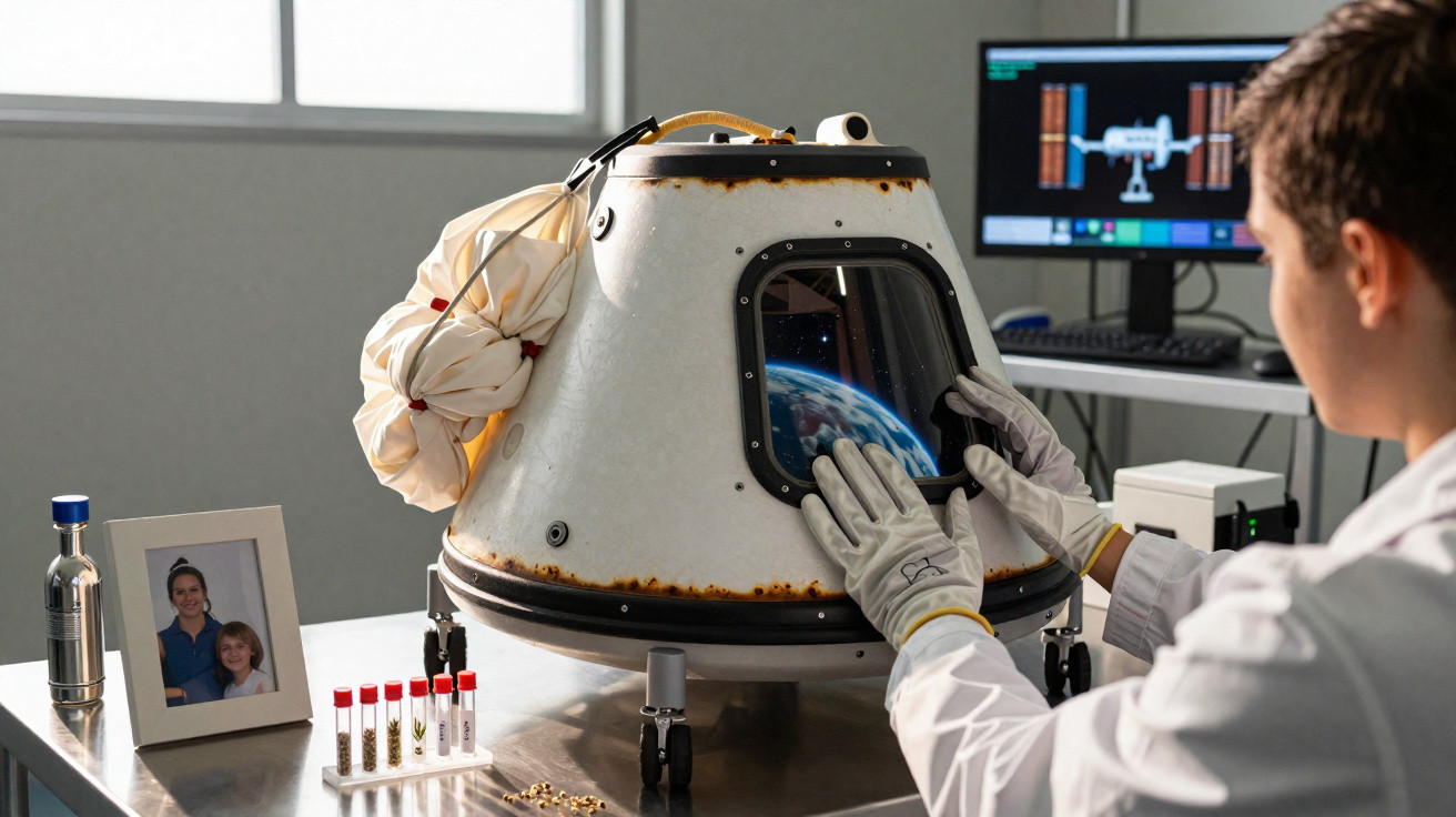 Pesquisador em laboratório manipulando módulo espacial com imagem da Terra refletida na janela.