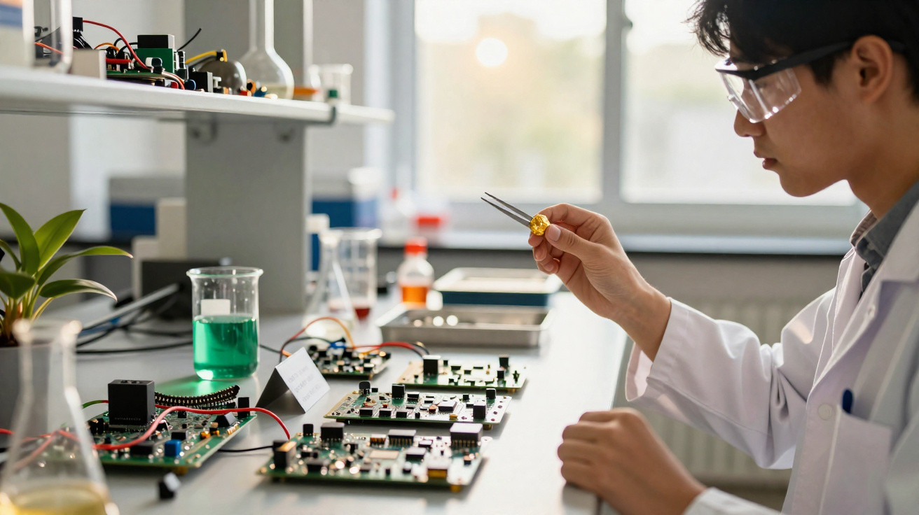 Cientista em laboratório segurando componente eletrônico com pinça, analisando placas de circuito na bancada.