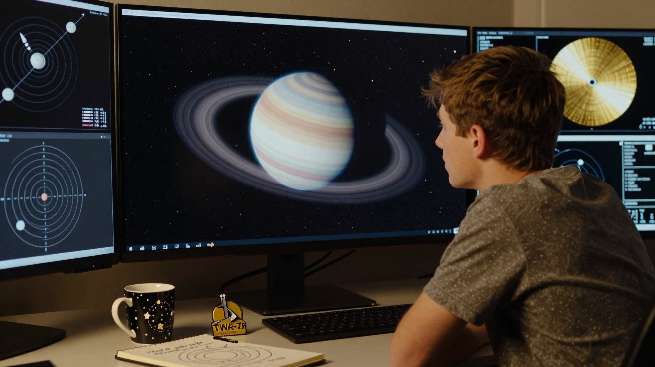 Jovem observa imagens de planeta com anéis e sistemas solares em múltiplas telas de computador.