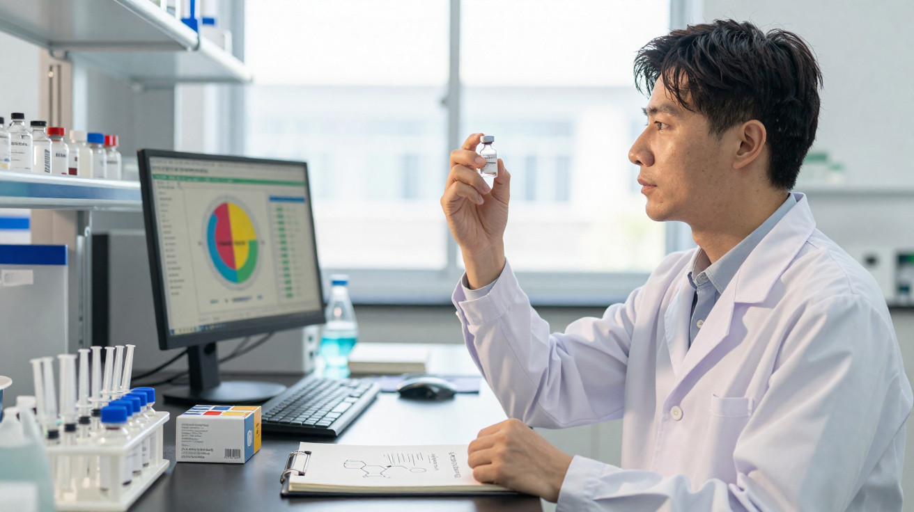 Cientista analisando amostra em frasco pequeno em laboratório com gráfico colorido na tela do computador.