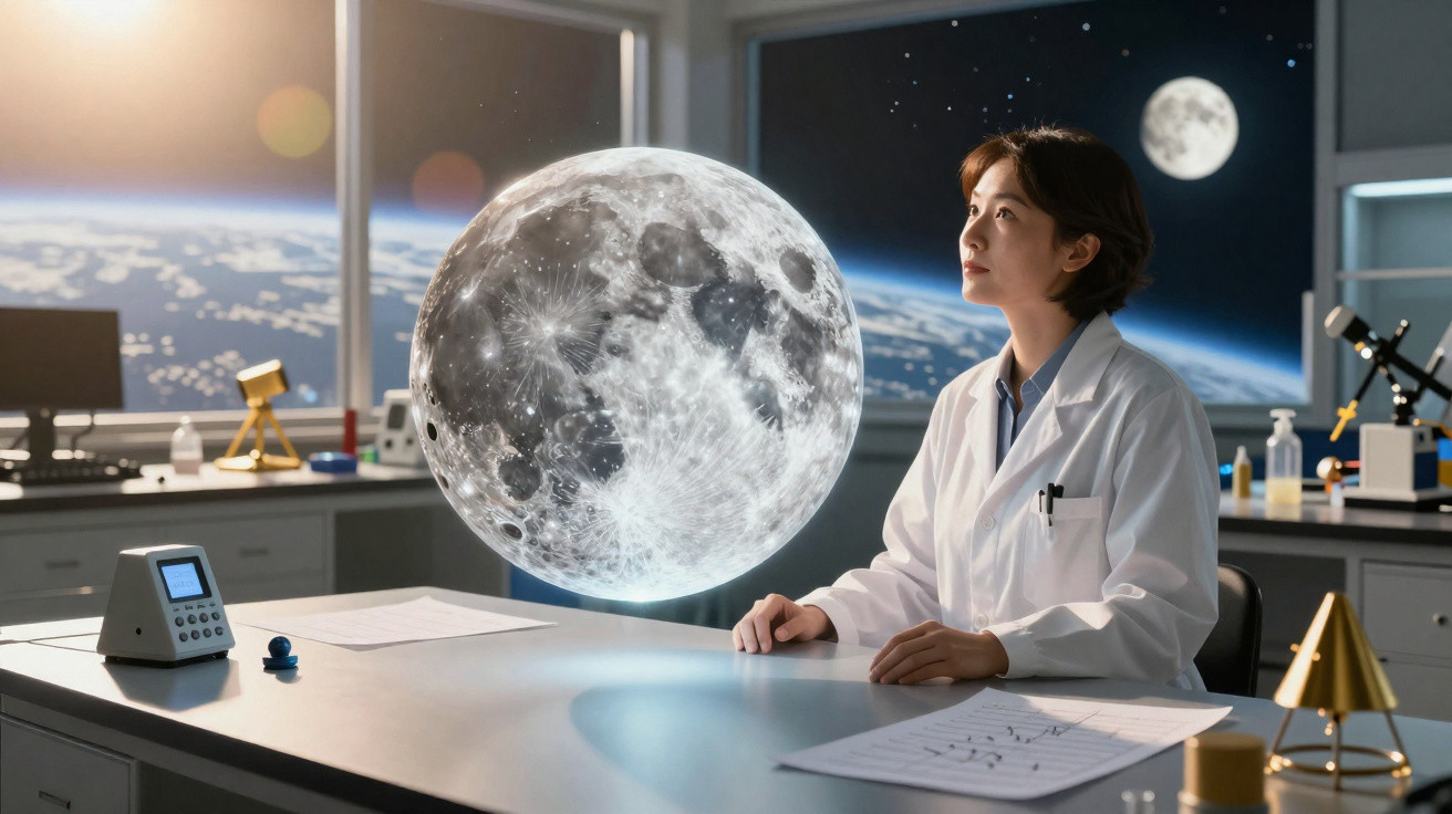Mulher cientista observa modelo holográfico da Lua em laboratório com vista da Terra ao fundo.