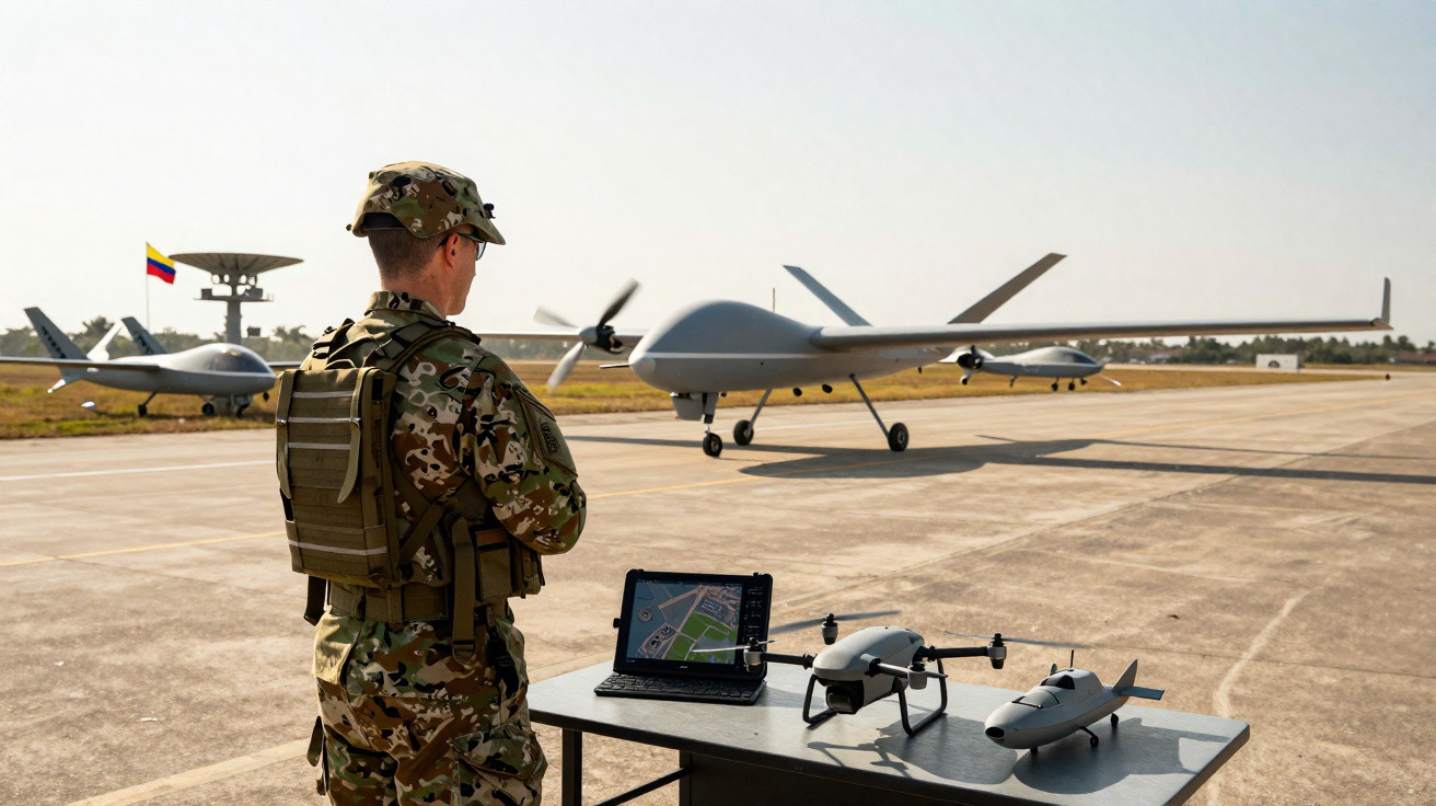 Militar em uniforme camuflado observa drones em mesa e aeronaves não tripuladas em campo de aviação.