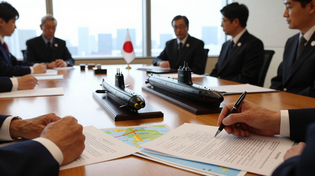 Reunião formal com modelos de submarinos sobre mesa, documentos e bandeira do Japão ao fundo.