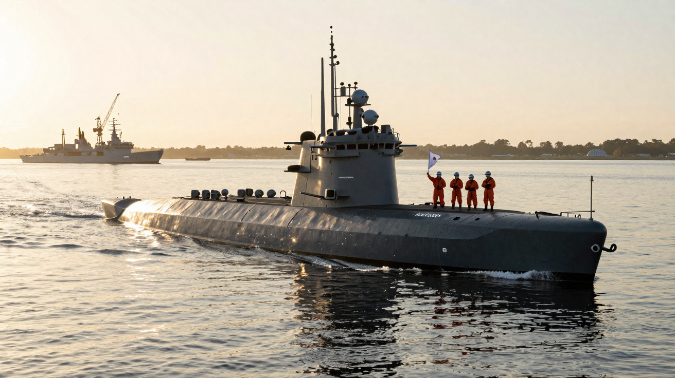 Submarino militar cinza com quatro tripulantes em uniforme laranja no convés durante o pôr do sol.