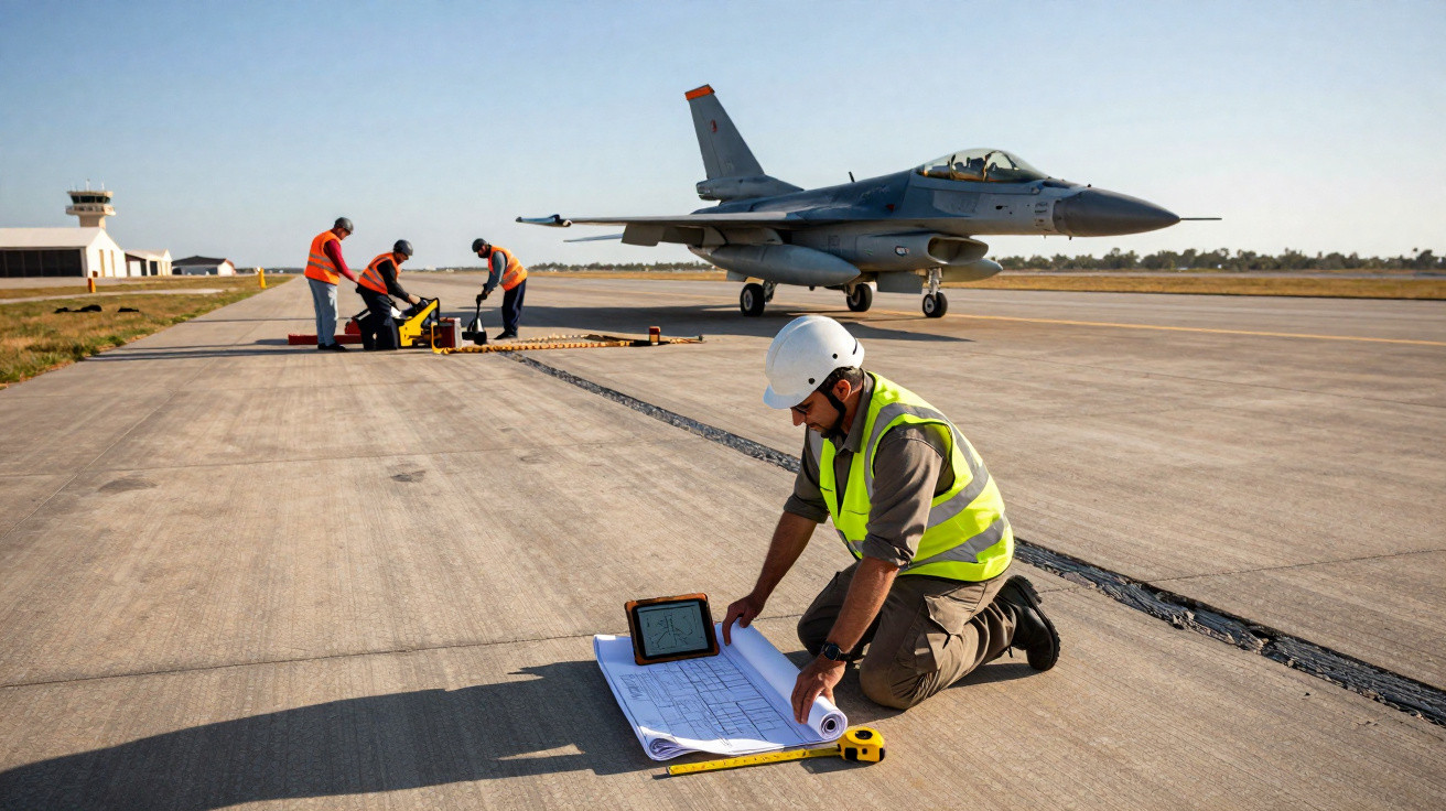 Homem com colete e capacete analisa projeto no chão enquanto equipe trabalha perto de jato militar na pista.