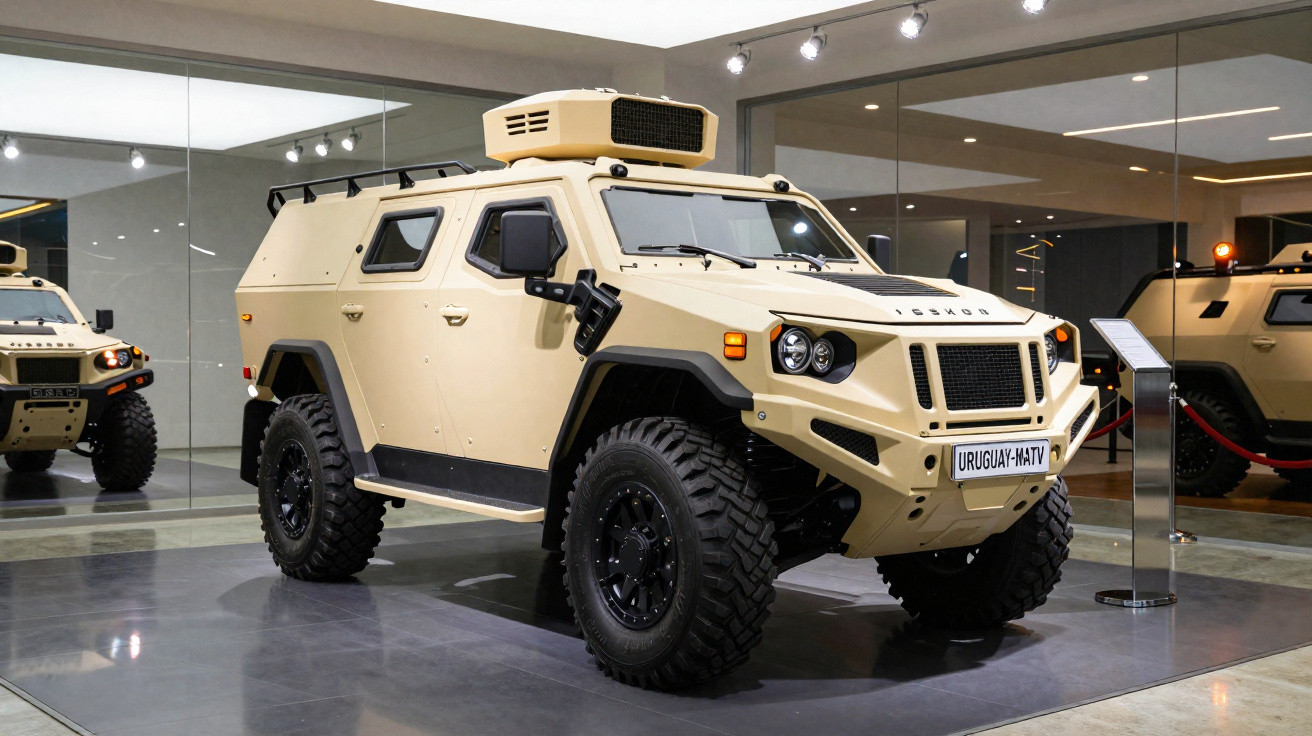Veículo blindado off-road bege com pneus grandes em exposição interna com espelhos ao fundo.