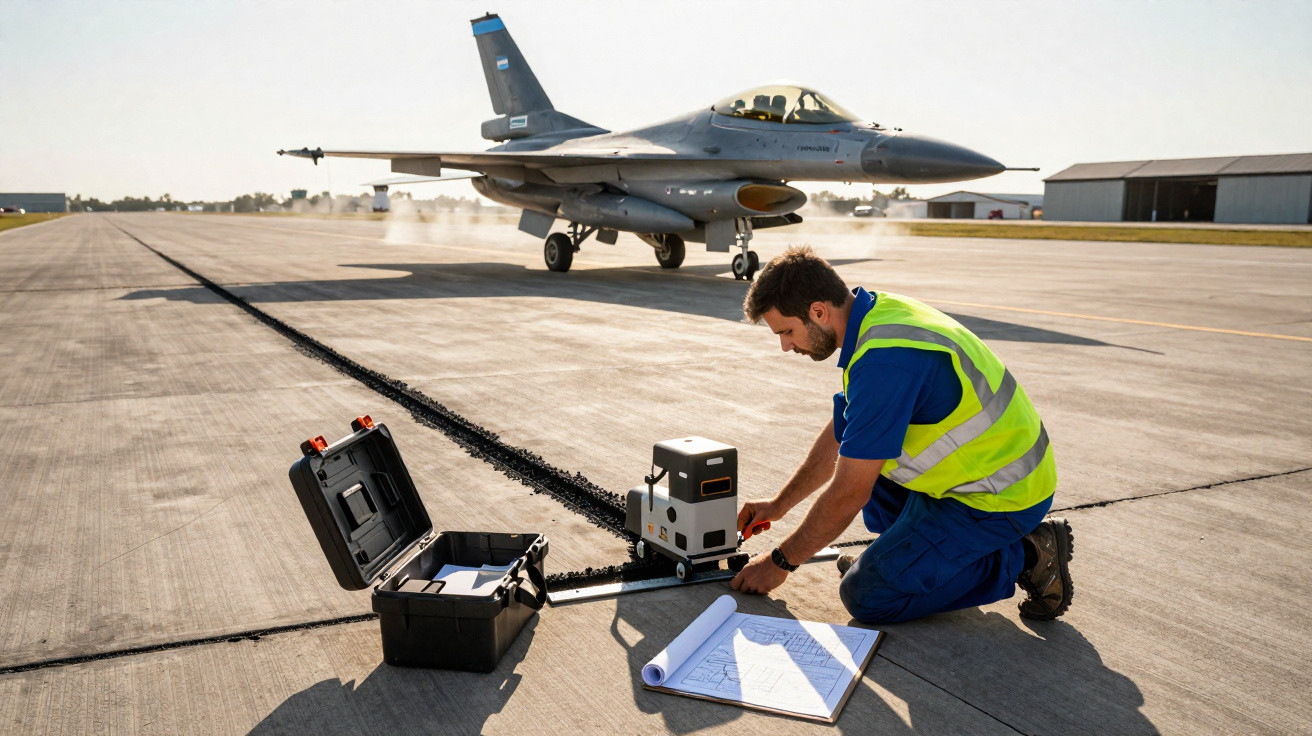 Técnico em colete refletivo inspeciona pista de avião militar de combate com equipamentos de medição.