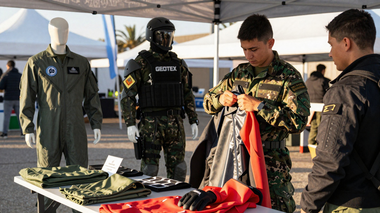 Soldado fardado examina equipamento em mesa com uniformes, ao lado de manequins militares sob tenda ao ar livre.
