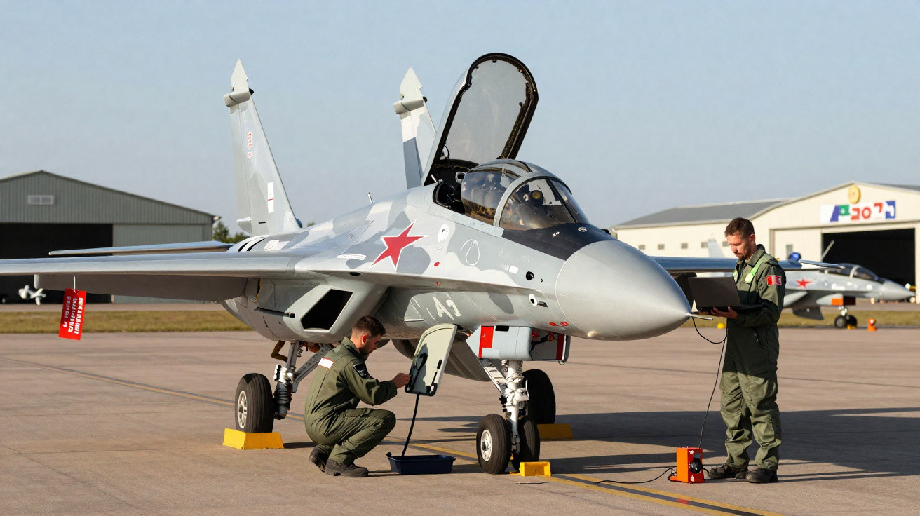 Caça militar cinza com estrelas vermelhas sendo inspecionado por dois técnicos em uniforme verde na pista de aeroporto.