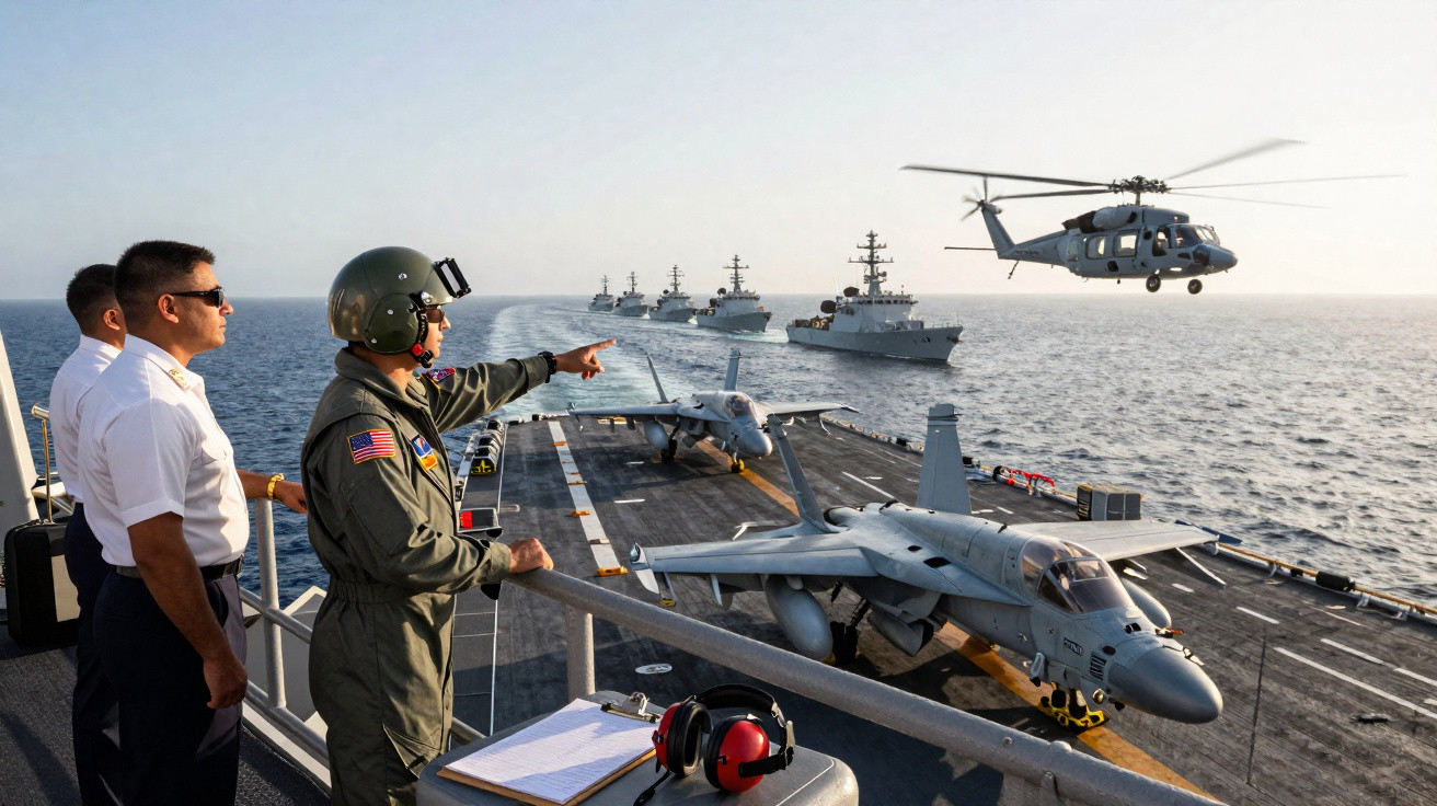 Três homens observam helicóptero voando sobre porta-aviões com caças e navios de guerra ao fundo no mar.