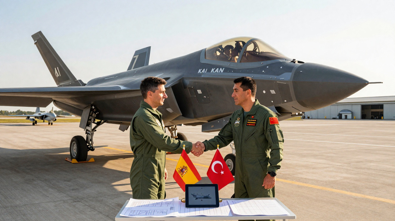 Dois pilotos militares apertando as mãos ao lado de um caça stealth cinza na pista de pouso.